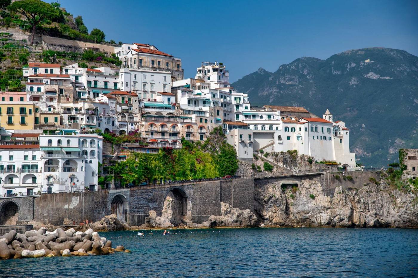 A colorful Italian coastal town on the Amalfi Coast seen from above