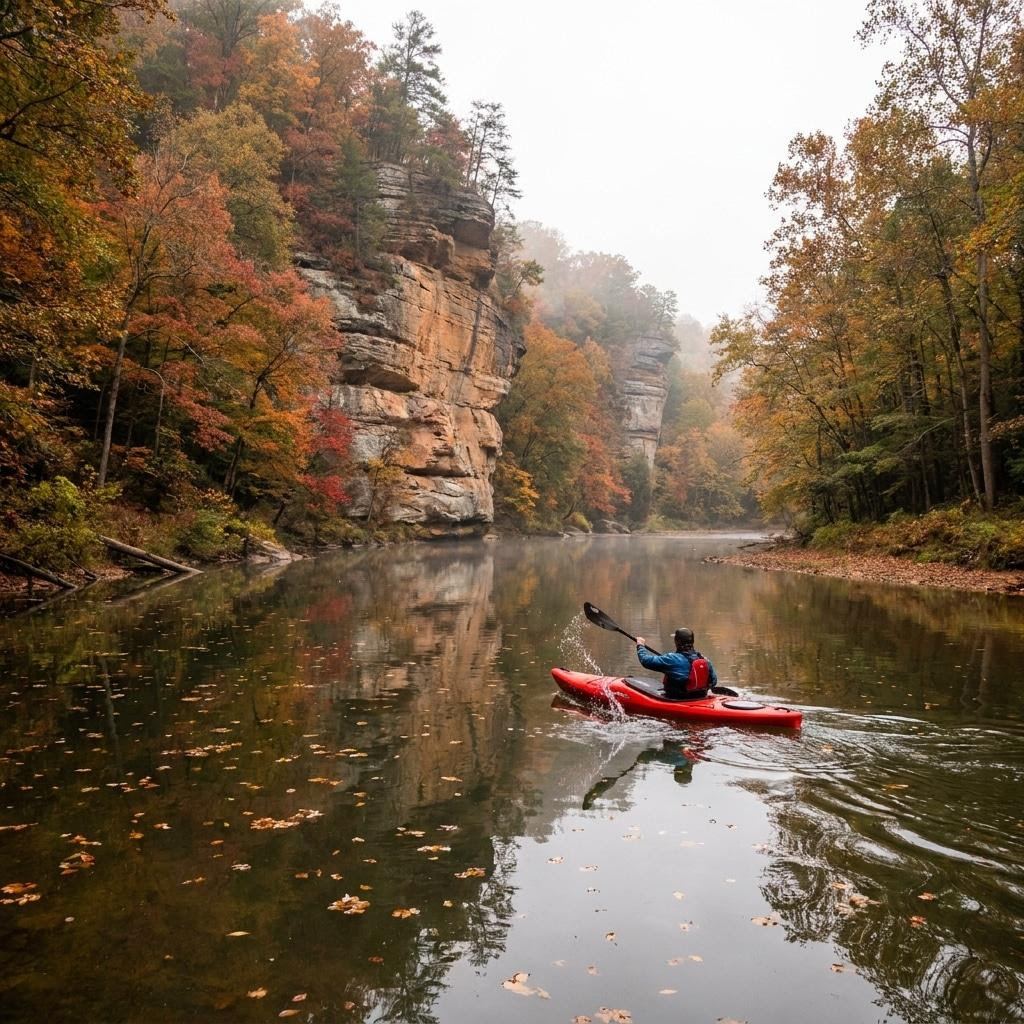 Kayaker paddling a misty Kentucky river beneath sandstone cliffs in autumn