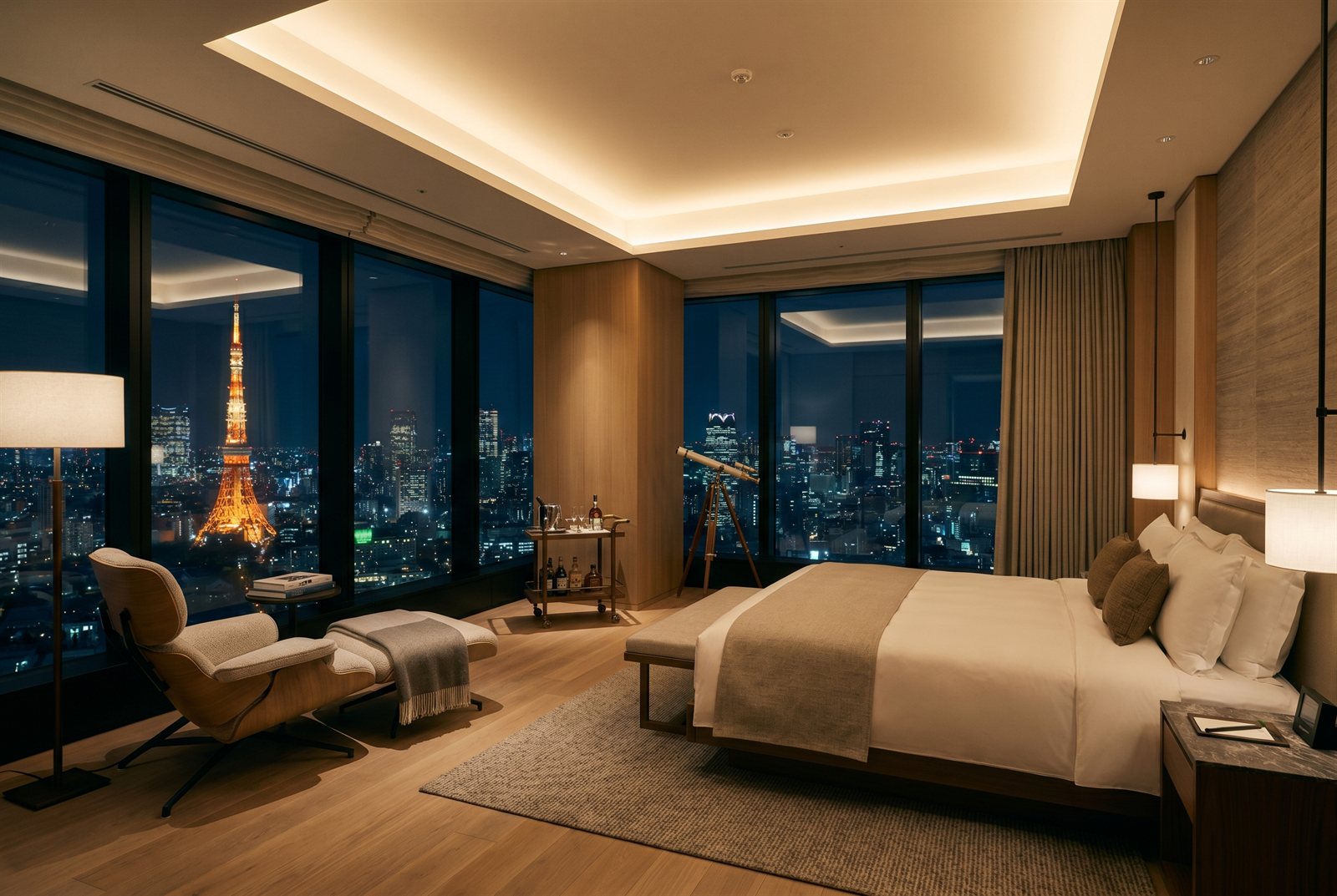 A luxury hotel room high above Tokyo at night with floor-to-ceiling windows overlooking Tokyo Tower and the Roppongi skyline