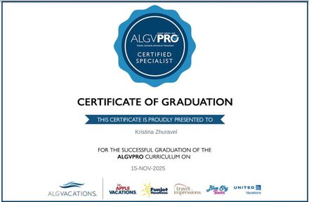Kristina Zhuravel's ALGV PRO certified specialist certificate of graduation